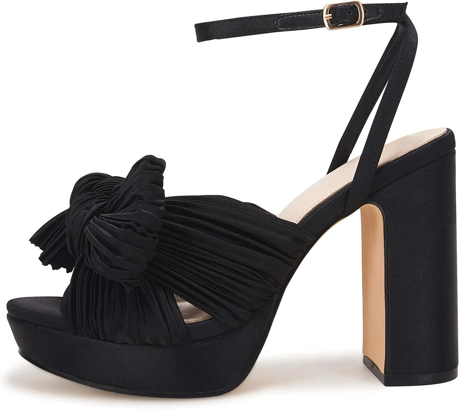 VETASTE Women's Pleated Bow Knot Platform Heeled Sandals Open Toe Chunky Block Heel Ankle Buckle Strap Bridal Wedding Dress Shoes