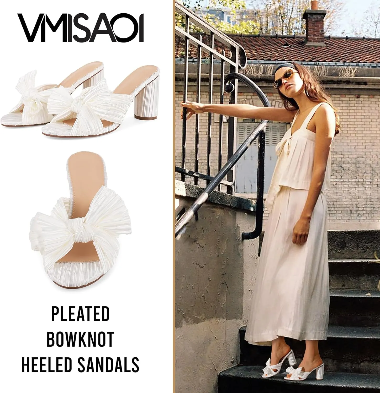 VIMISAOI Womens Bow Heels High Block Chunky Slide Sandals Open Toe Ankle Strap Wedding Dress Pumps Shoes