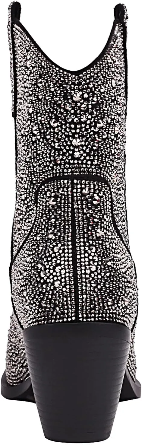 vivianly Rhinestone Cowboy Boots for Women Western Glitter Ankle Boots Cowgirl Boots, Women's Mid Calf Sparkling Diamond Boots Pointed Toe Chunky Heel Boots