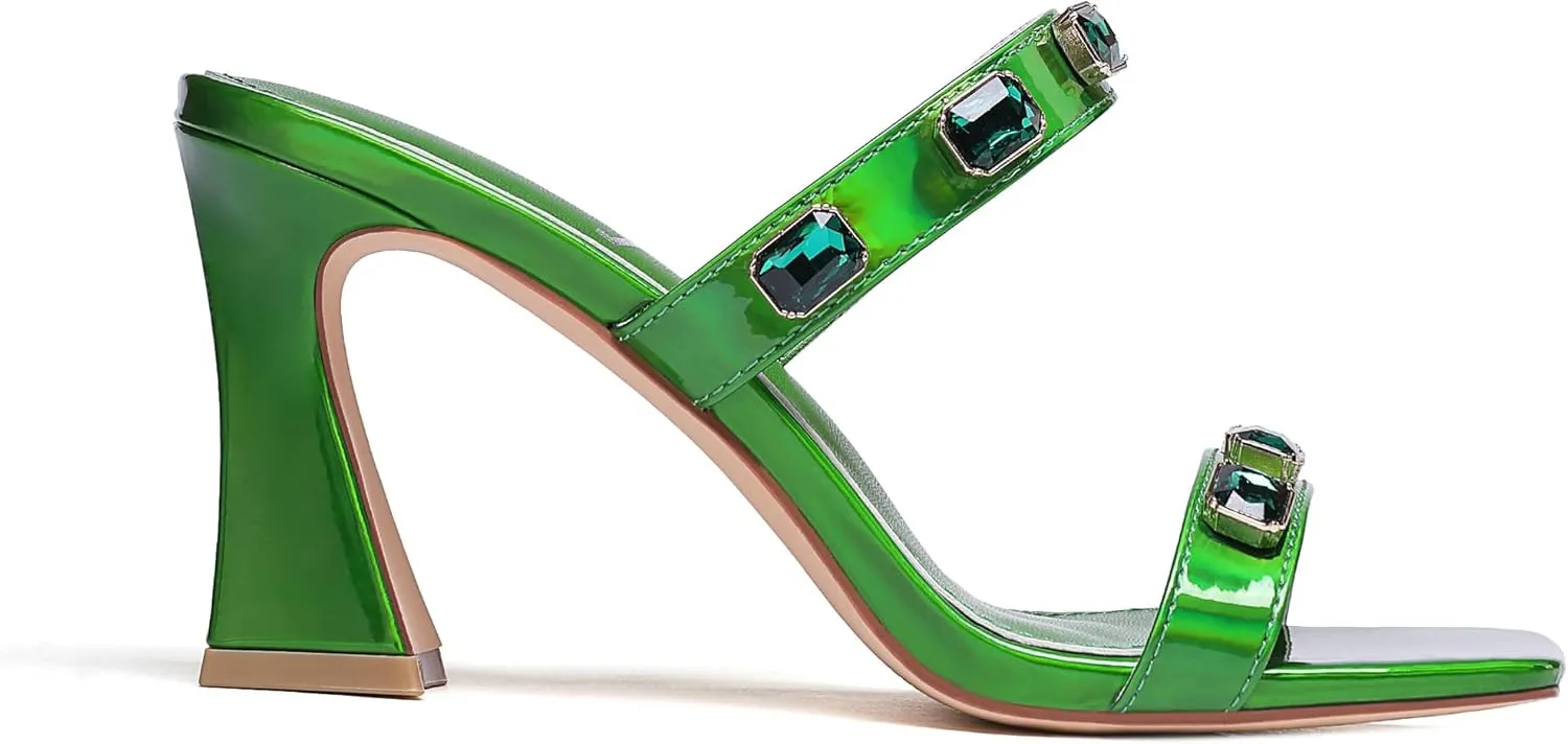 vivianly Women's Sandals Two Strap High Heels Slip On Rhinestone High Heeled Sandal Square Open Toe Heels Sexy for Party Wedding Shoes