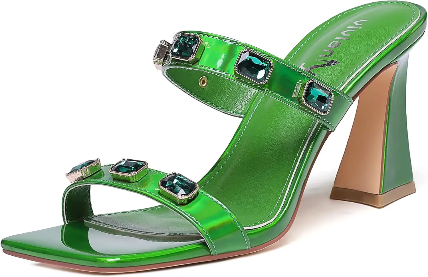 vivianly Women's Sandals Two Strap High Heels Slip On Rhinestone High Heeled Sandal Square Open Toe Heels Sexy for Party Wedding Shoes