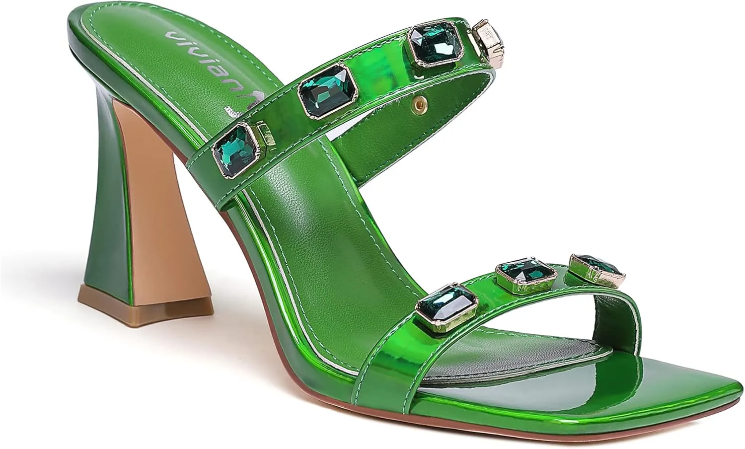 vivianly Women's Sandals Two Strap High Heels Slip On Rhinestone High Heeled Sandal Square Open Toe Heels Sexy for Party Wedding Shoes
