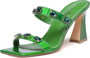 vivianly Women's Sandals Two Strap High Heels Slip On Rhinestone High Heeled Sandal Square Open Toe Heels Sexy for Party Wedding Shoes