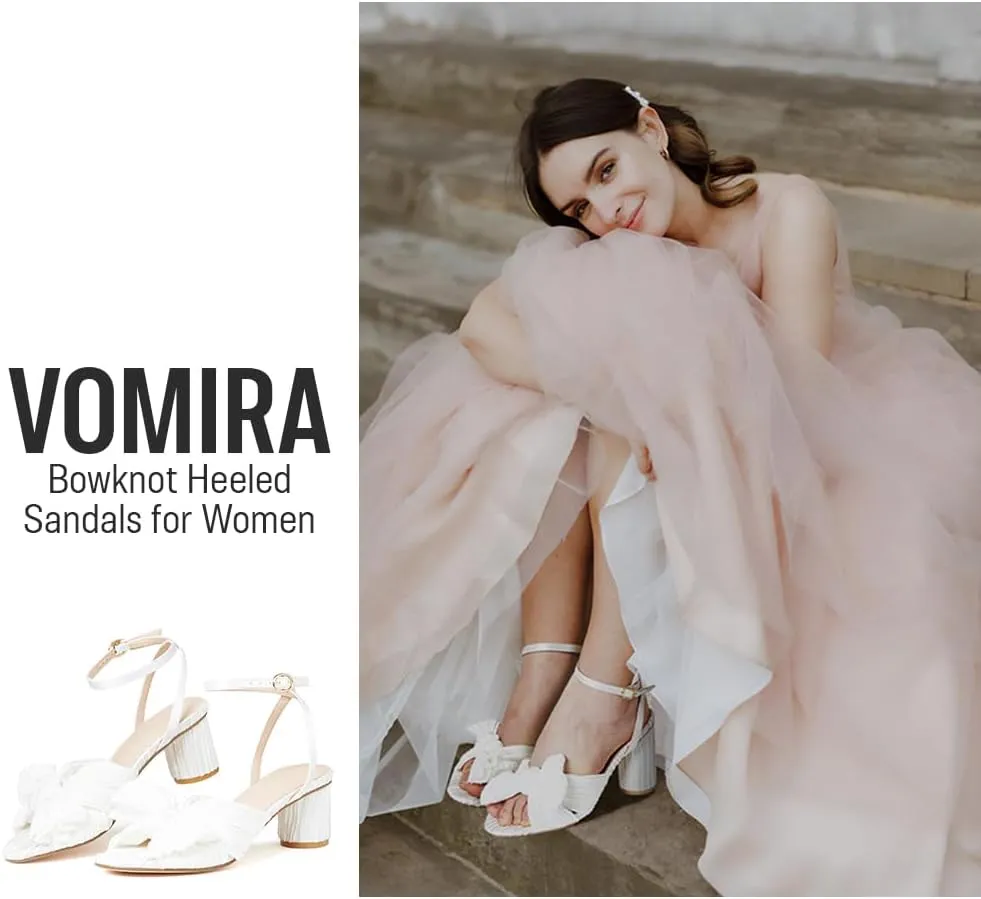 VOMIRA Bow Heels for Women Pleated Bowknot Heeled Sandals Summer Open Toe Ankle Buckle Strap Bridal Wedding Sandals