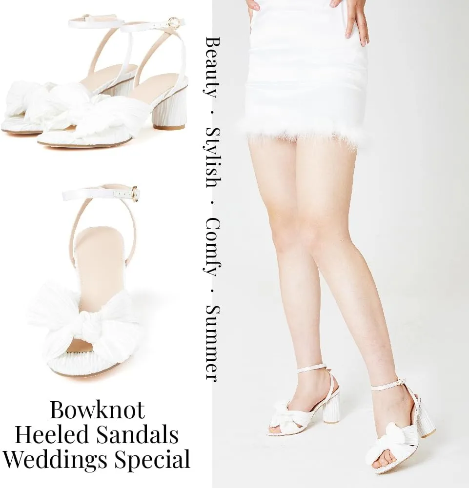 VOMIRA Bow Heels for Women Pleated Bowknot Heeled Sandals Summer Open Toe Ankle Buckle Strap Bridal Wedding Sandals