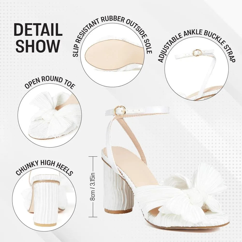 VOMIRA Bow Heels for Women Pleated Bowknot Heeled Sandals Summer Open Toe Ankle Buckle Strap Bridal Wedding Sandals