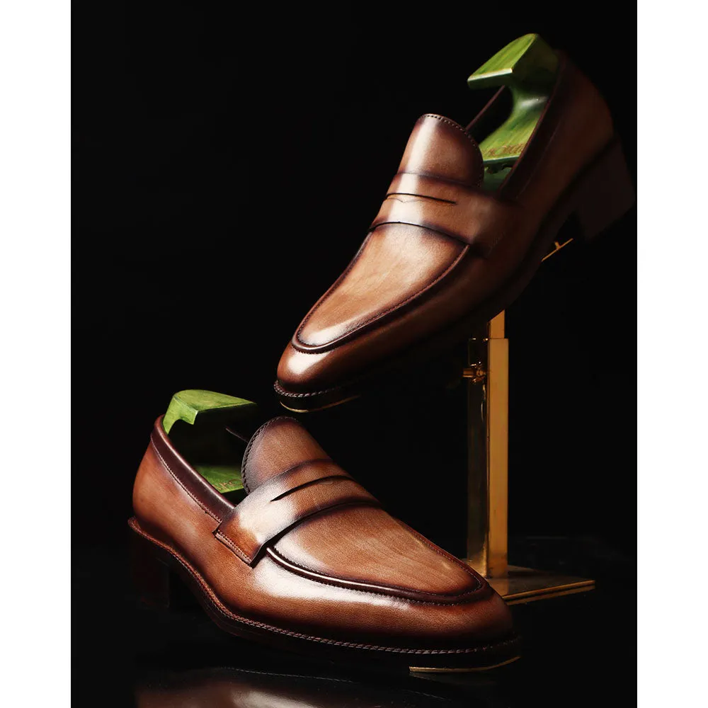 Washed Brown Goodyear Welted Mirror Glossed Patina Penny Loafers   Fiddle Back Waist   Metal Toe
