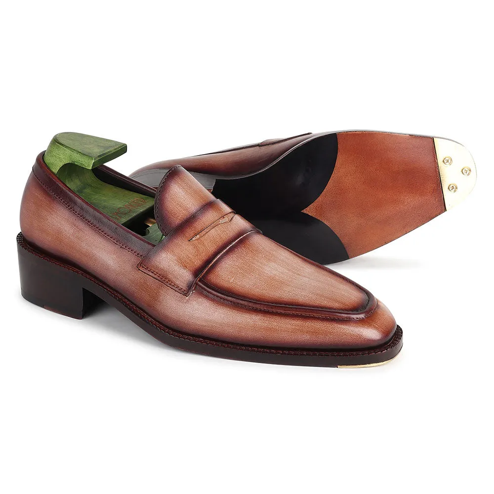 Washed Brown Goodyear Welted Mirror Glossed Patina Penny Loafers   Fiddle Back Waist   Metal Toe