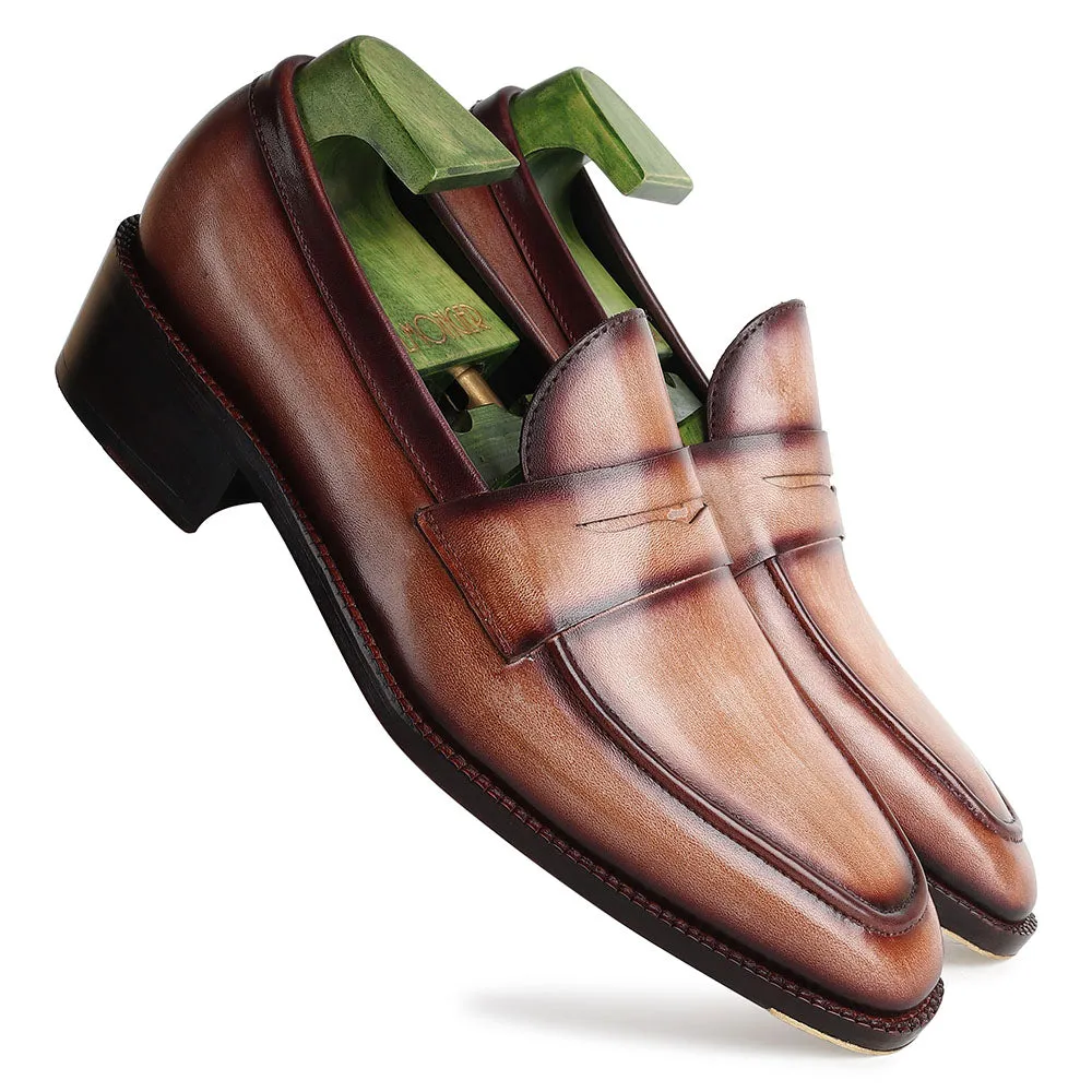 Washed Brown Goodyear Welted Mirror Glossed Patina Penny Loafers   Fiddle Back Waist   Metal Toe