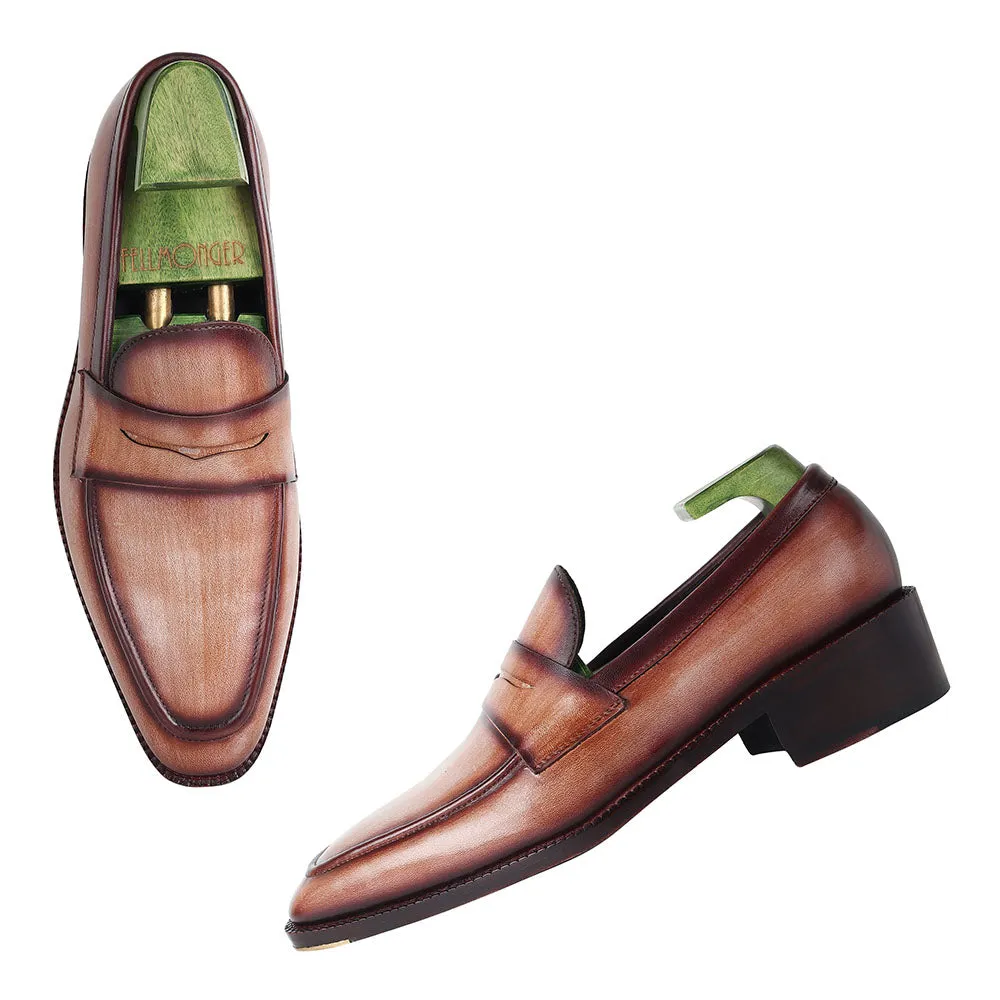 Washed Brown Goodyear Welted Mirror Glossed Patina Penny Loafers   Fiddle Back Waist   Metal Toe