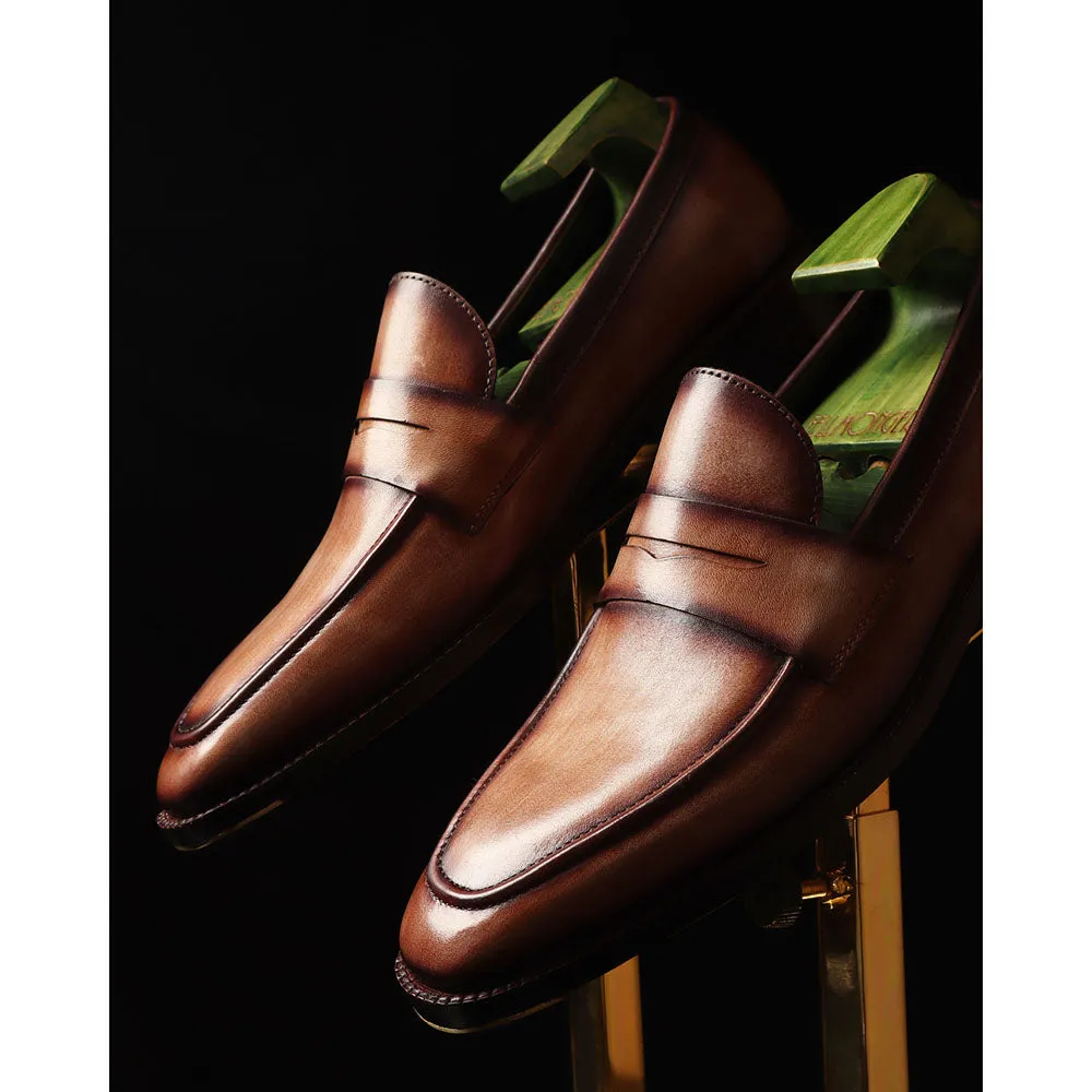 Washed Brown Goodyear Welted Mirror Glossed Patina Penny Loafers   Fiddle Back Waist   Metal Toe
