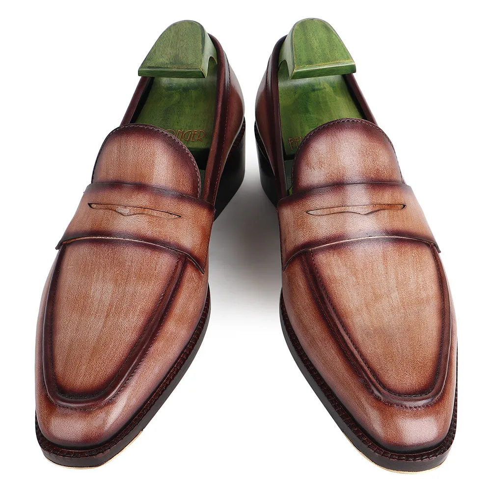 Washed Brown Goodyear Welted Mirror Glossed Patina Penny Loafers   Fiddle Back Waist   Metal Toe