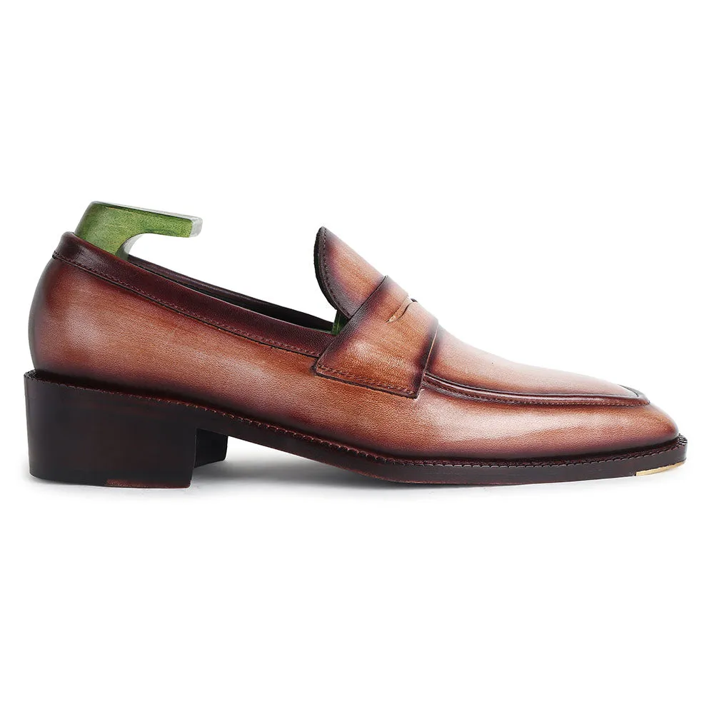Washed Brown Goodyear Welted Mirror Glossed Patina Penny Loafers   Fiddle Back Waist   Metal Toe