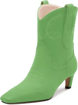 WAYDERNS Women's Cowboy Ankle Boots Western Low Kitten Heel Square Toe 2 Inch Short Booties Comfortable Casual Prom Party Pull on Fall Winter Shoes