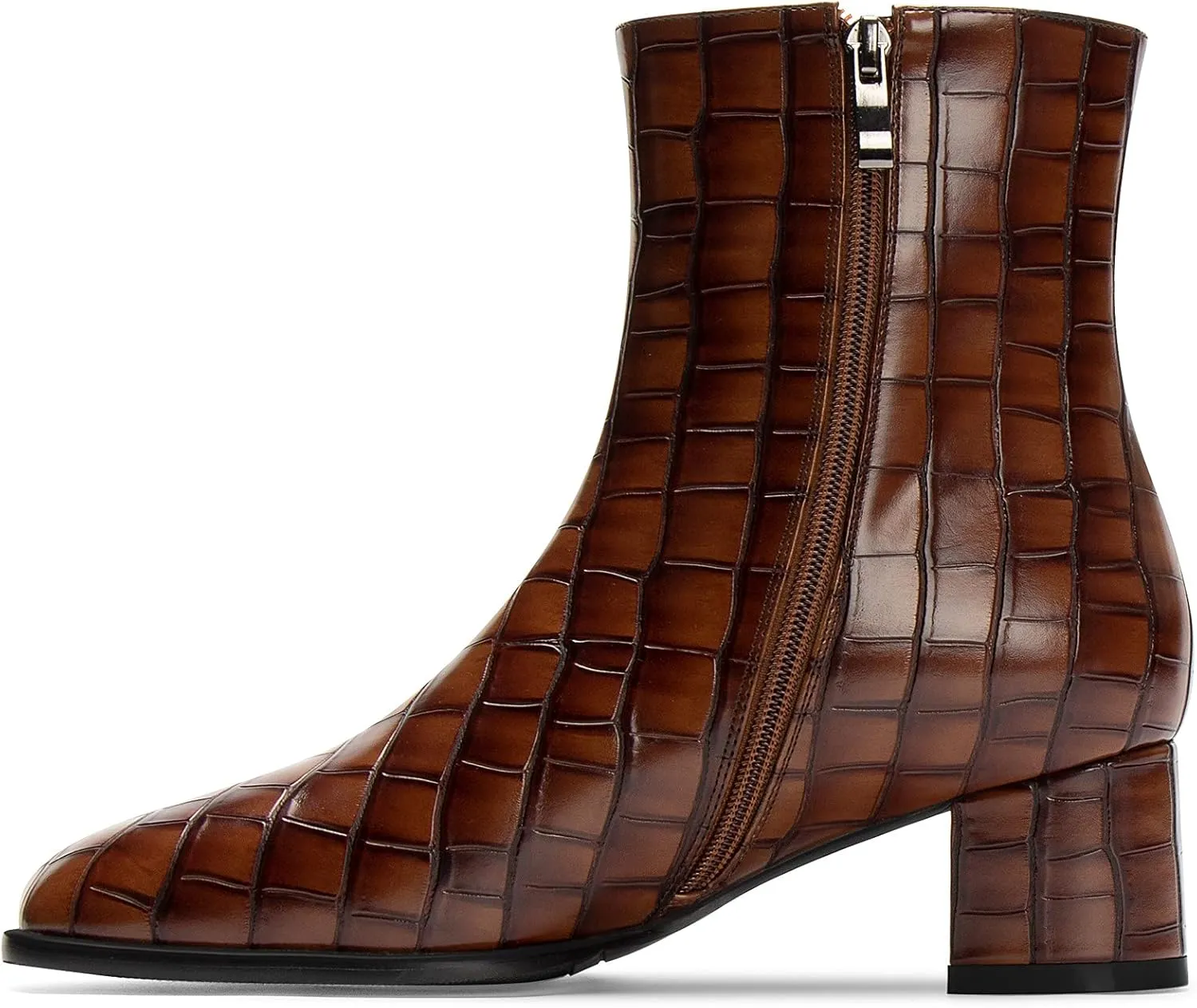 WAYDERNS Women's Square Toe Microfiber Zip Crocodile Print Chunky Low Heel Ankle High Boots 2 Inch