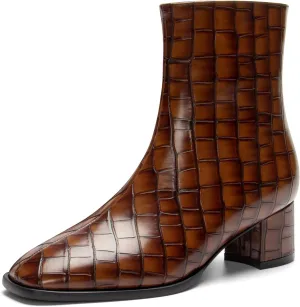 WAYDERNS Women's Square Toe Microfiber Zip Crocodile Print Chunky Low Heel Ankle High Boots 2 Inch