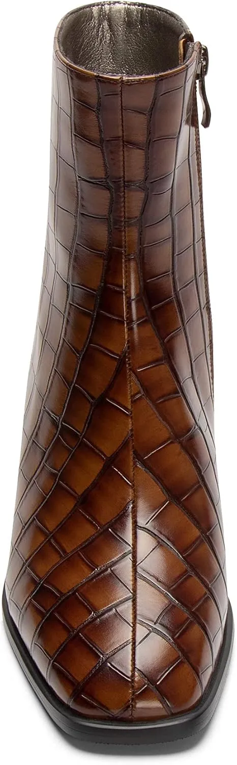 WAYDERNS Women's Square Toe Microfiber Zip Crocodile Print Chunky Low Heel Ankle High Boots 2 Inch