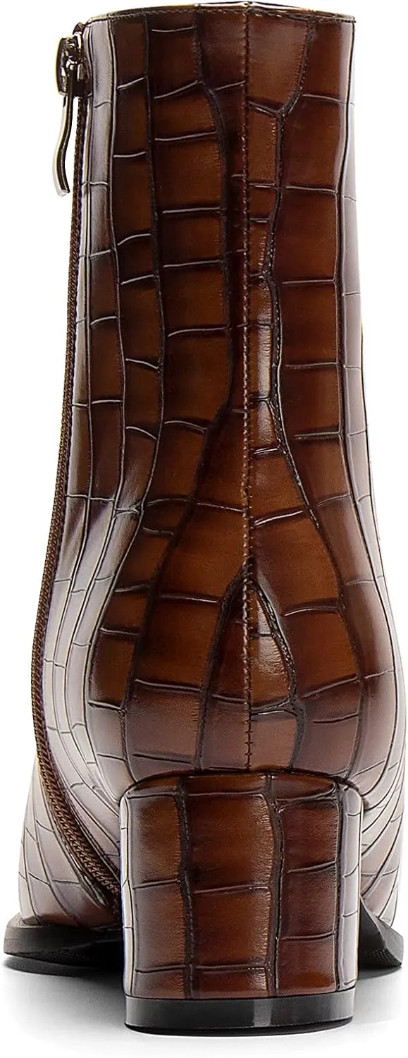 WAYDERNS Women's Square Toe Microfiber Zip Crocodile Print Chunky Low Heel Ankle High Boots 2 Inch
