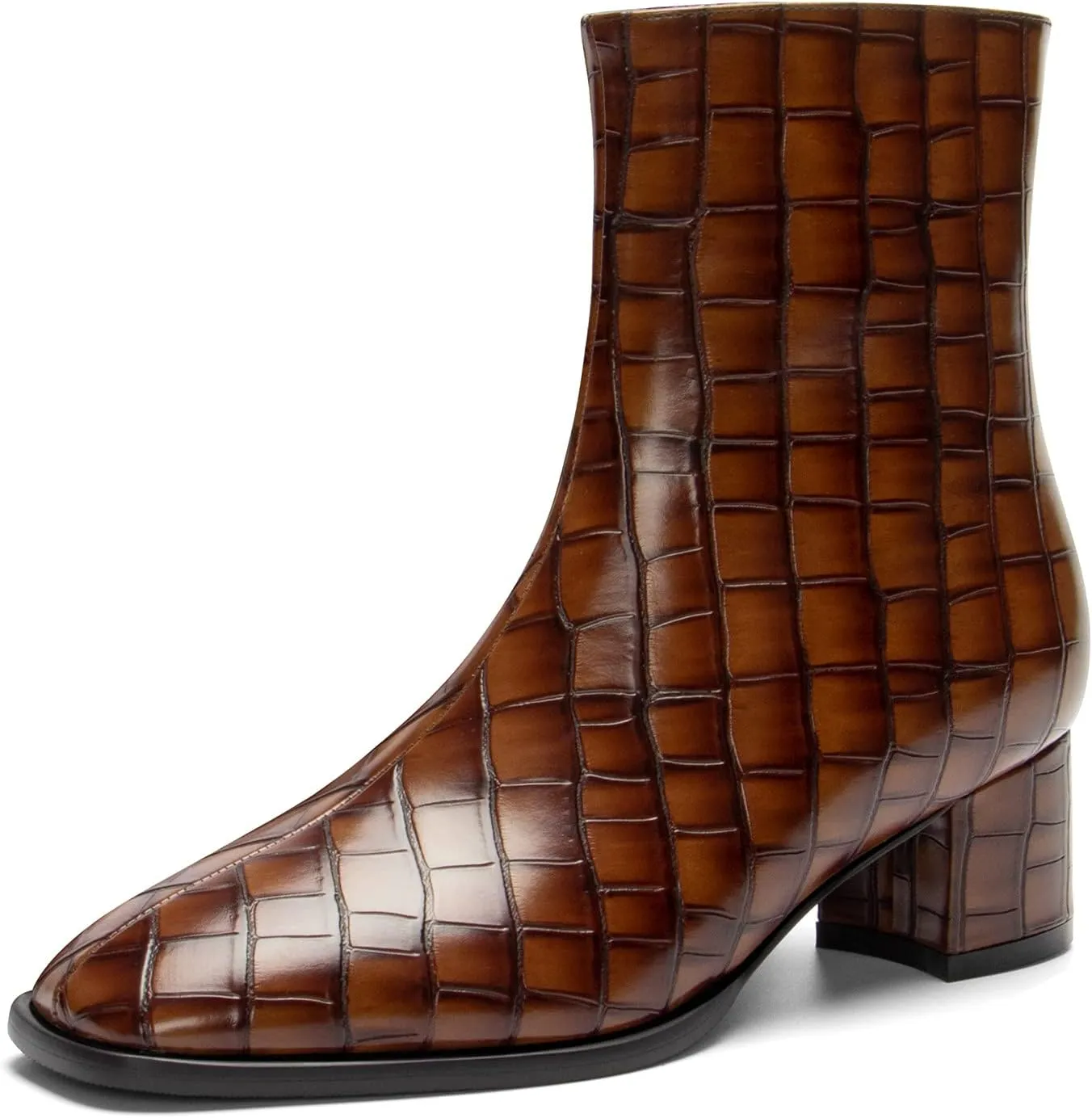WAYDERNS Women's Square Toe Microfiber Zip Crocodile Print Chunky Low Heel Ankle High Boots 2 Inch