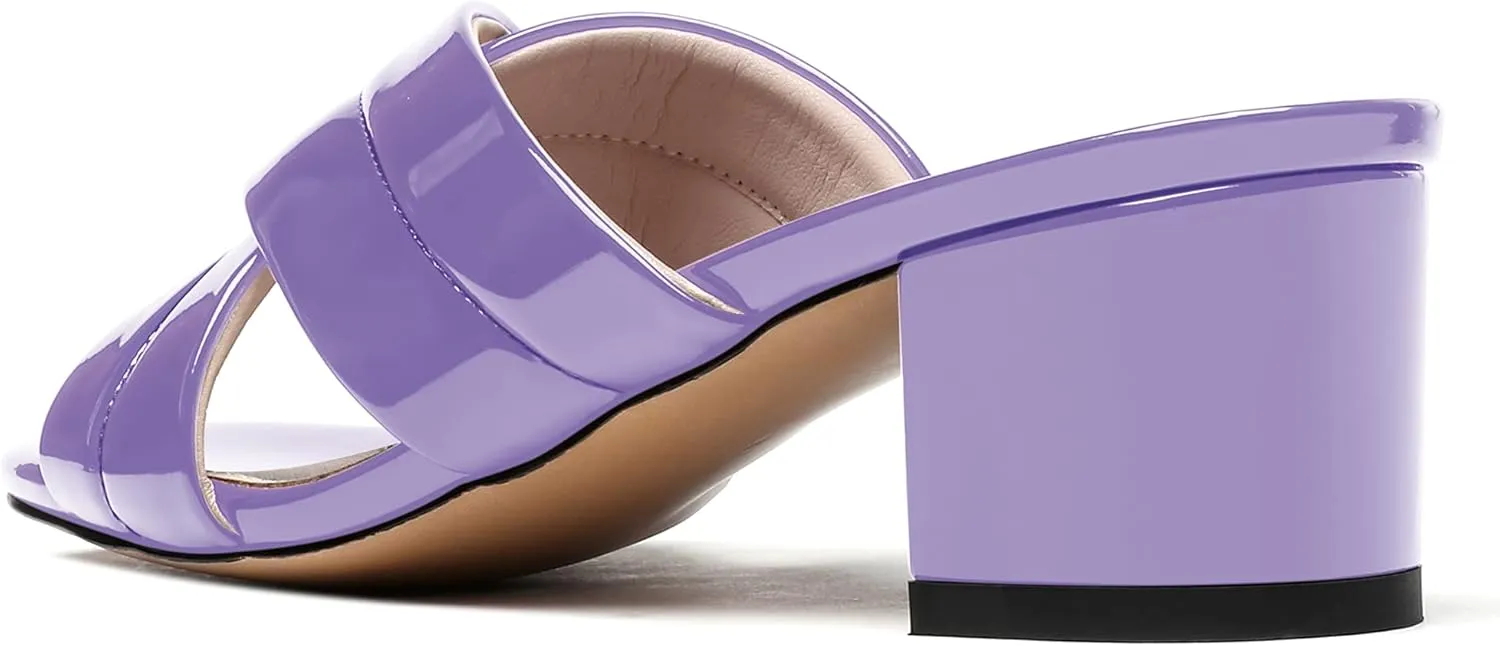 WAYDERNS Women's Summer Patent Leather Slip On Open Toe Chunky Block Low Heel Slides Sandals 2 Inch