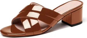 WAYDERNS Women's Summer Patent Leather Slip On Open Toe Chunky Block Low Heel Slides Sandals 2 Inch