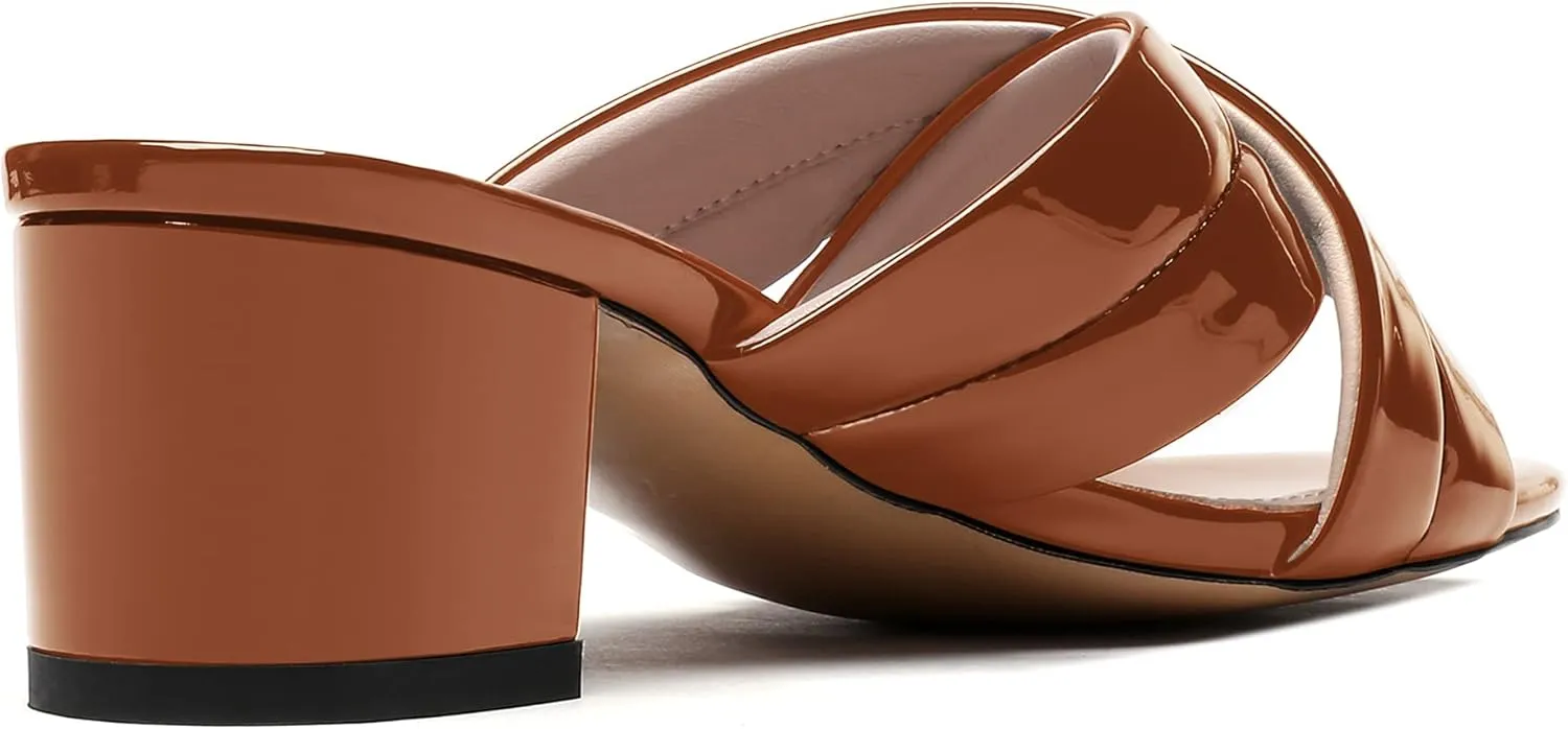 WAYDERNS Women's Summer Patent Leather Slip On Open Toe Chunky Block Low Heel Slides Sandals 2 Inch