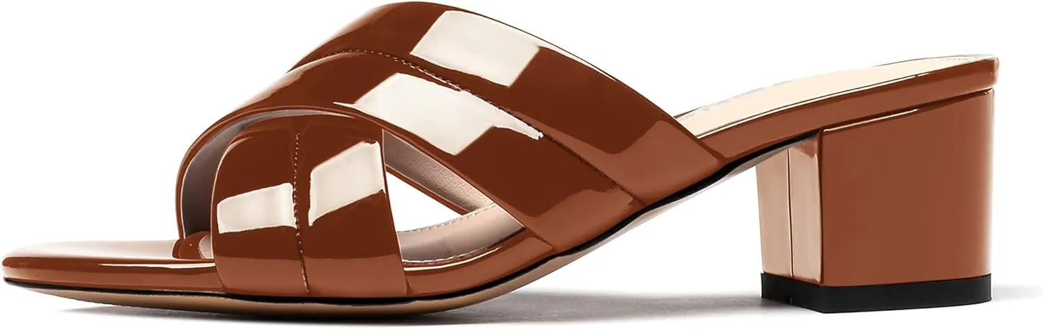 WAYDERNS Women's Summer Patent Leather Slip On Open Toe Chunky Block Low Heel Slides Sandals 2 Inch