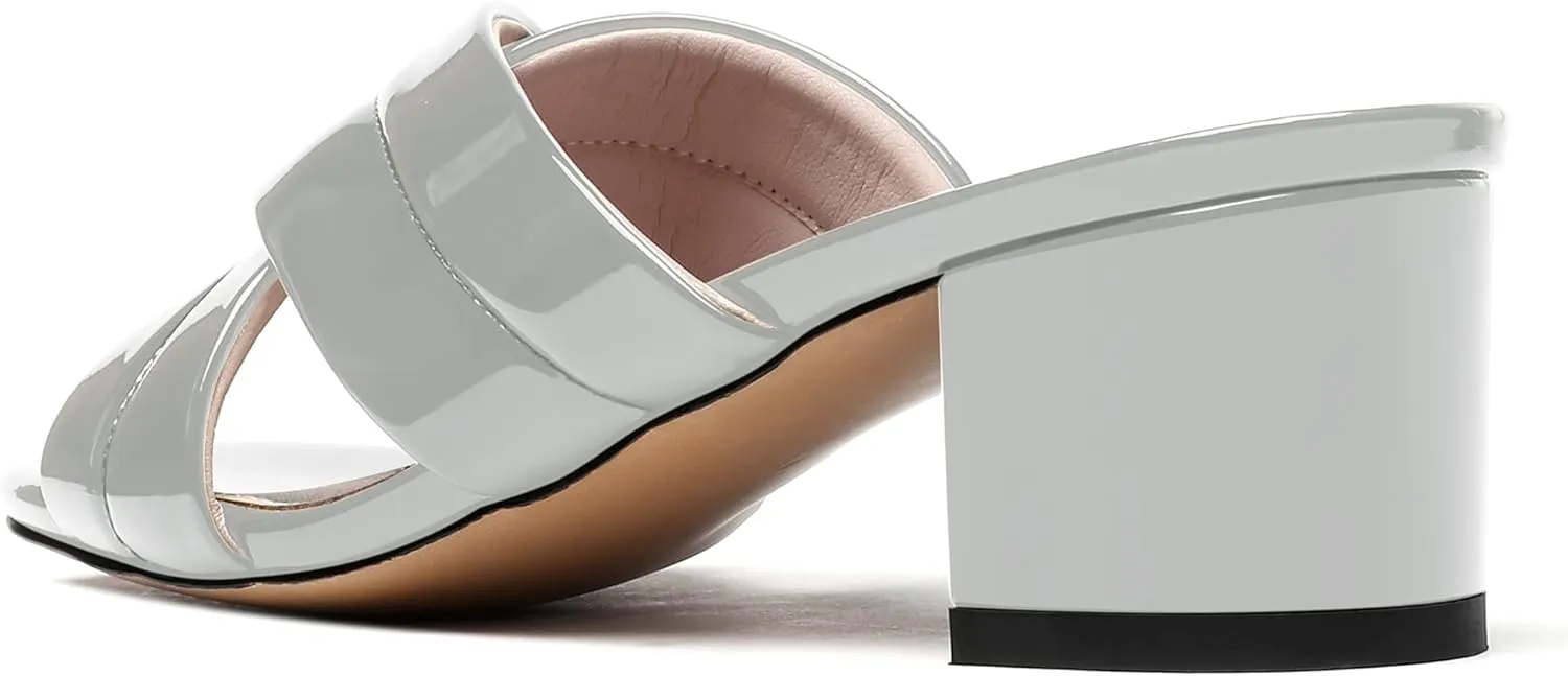 WAYDERNS Women's Summer Patent Leather Slip On Open Toe Chunky Block Low Heel Slides Sandals 2 Inch