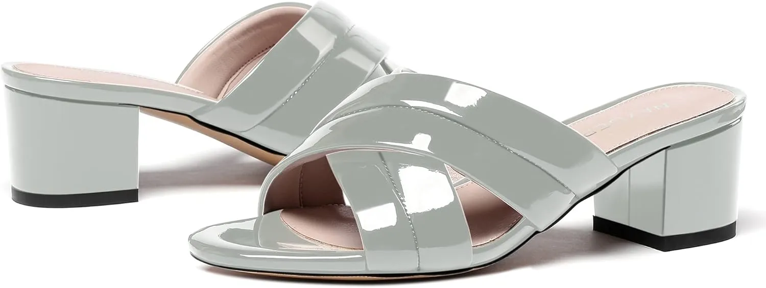 WAYDERNS Women's Summer Patent Leather Slip On Open Toe Chunky Block Low Heel Slides Sandals 2 Inch