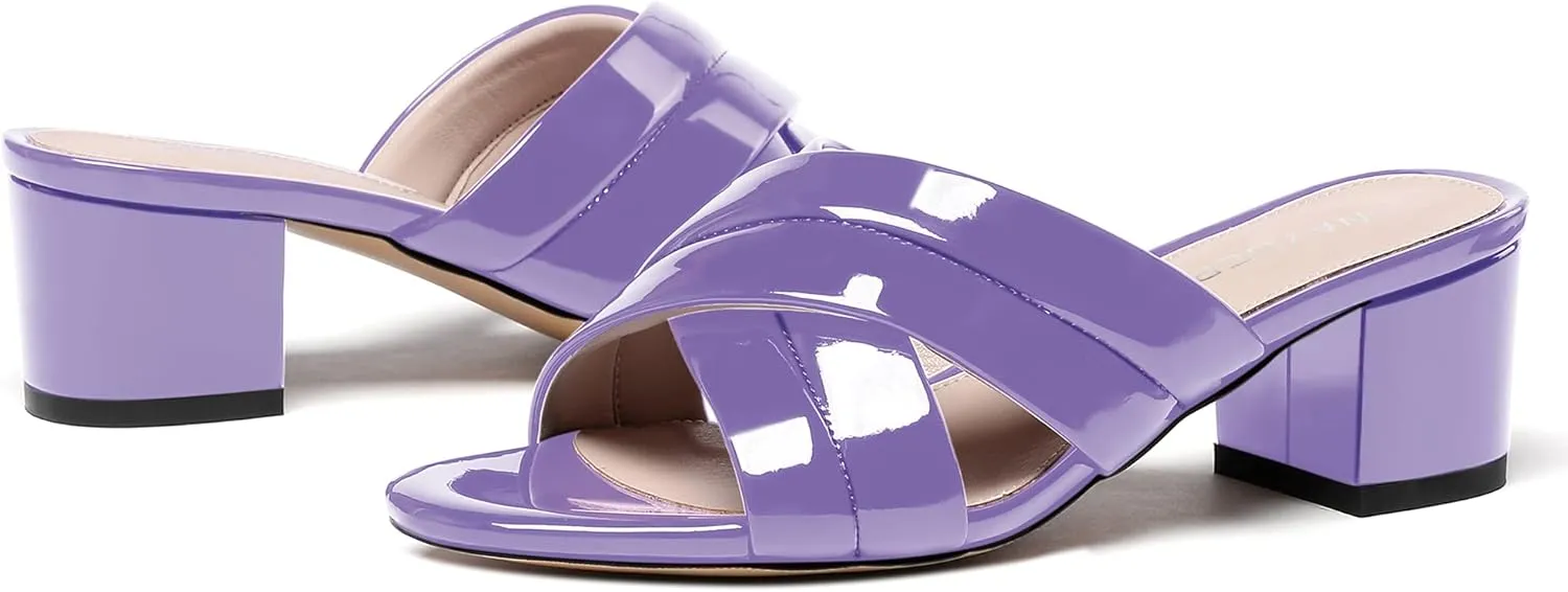 WAYDERNS Women's Summer Patent Leather Slip On Open Toe Chunky Block Low Heel Slides Sandals 2 Inch
