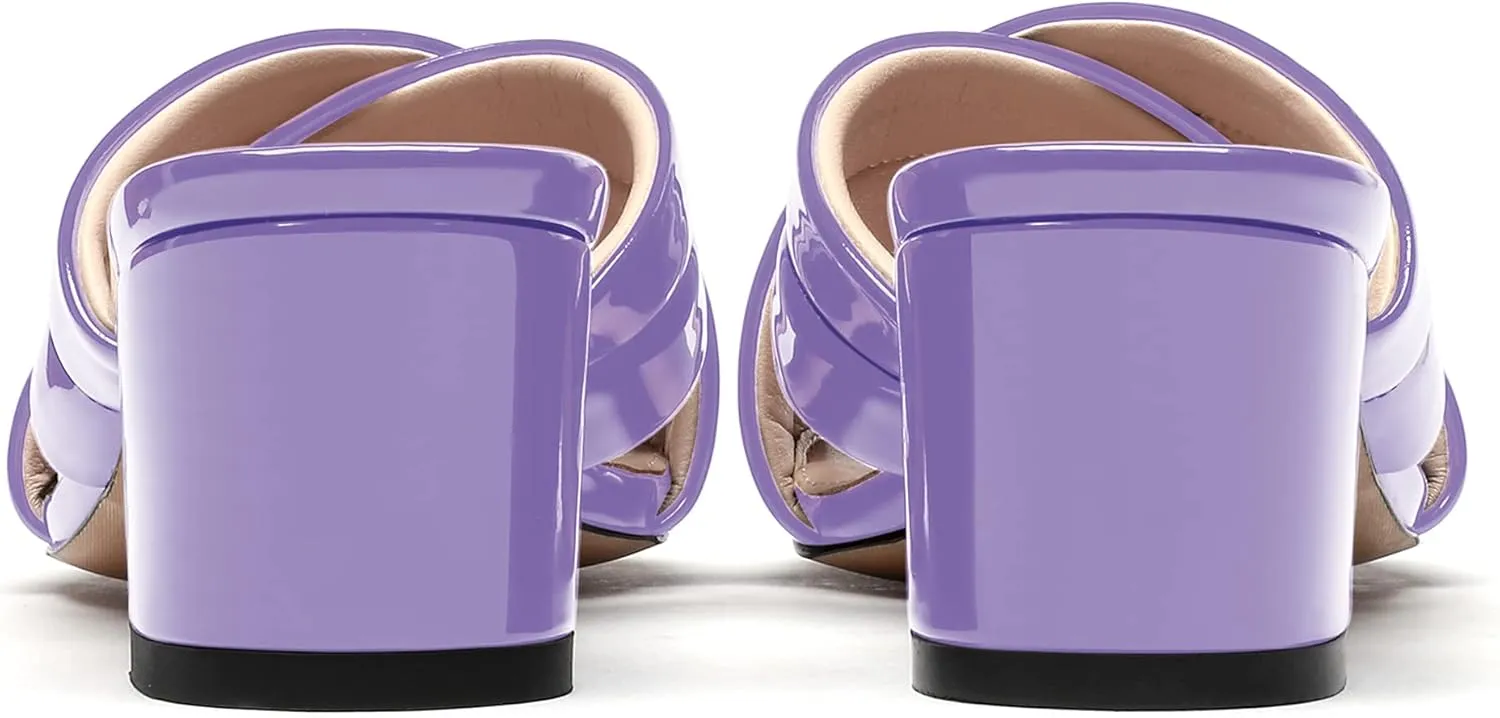 WAYDERNS Women's Summer Patent Leather Slip On Open Toe Chunky Block Low Heel Slides Sandals 2 Inch