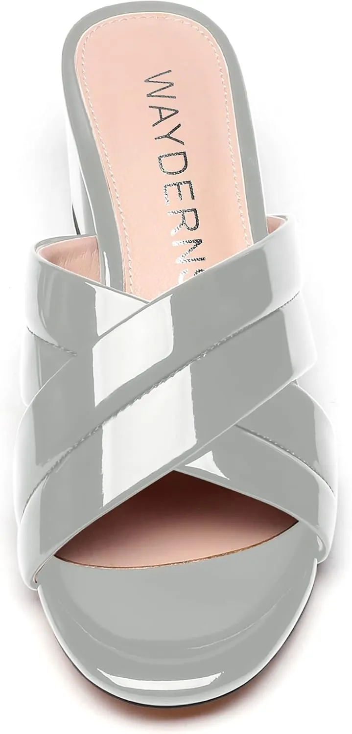 WAYDERNS Women's Summer Patent Leather Slip On Open Toe Chunky Block Low Heel Slides Sandals 2 Inch