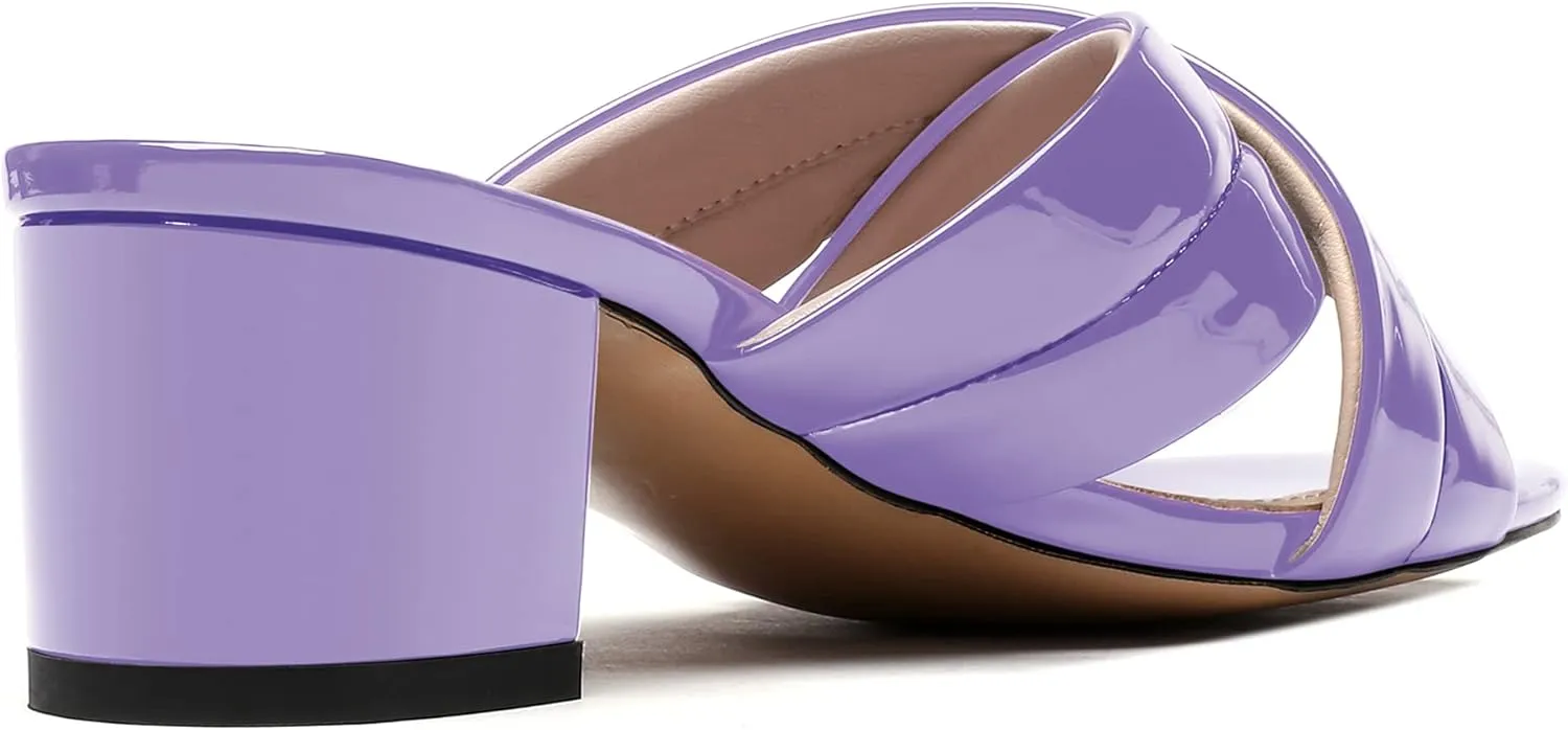 WAYDERNS Women's Summer Patent Leather Slip On Open Toe Chunky Block Low Heel Slides Sandals 2 Inch