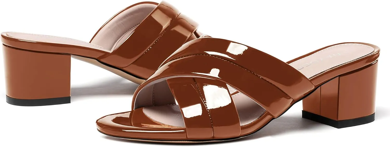WAYDERNS Women's Summer Patent Leather Slip On Open Toe Chunky Block Low Heel Slides Sandals 2 Inch