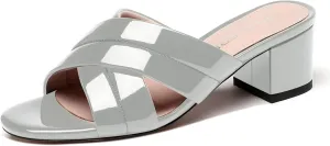WAYDERNS Women's Summer Patent Leather Slip On Open Toe Chunky Block Low Heel Slides Sandals 2 Inch