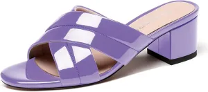 WAYDERNS Women's Summer Patent Leather Slip On Open Toe Chunky Block Low Heel Slides Sandals 2 Inch