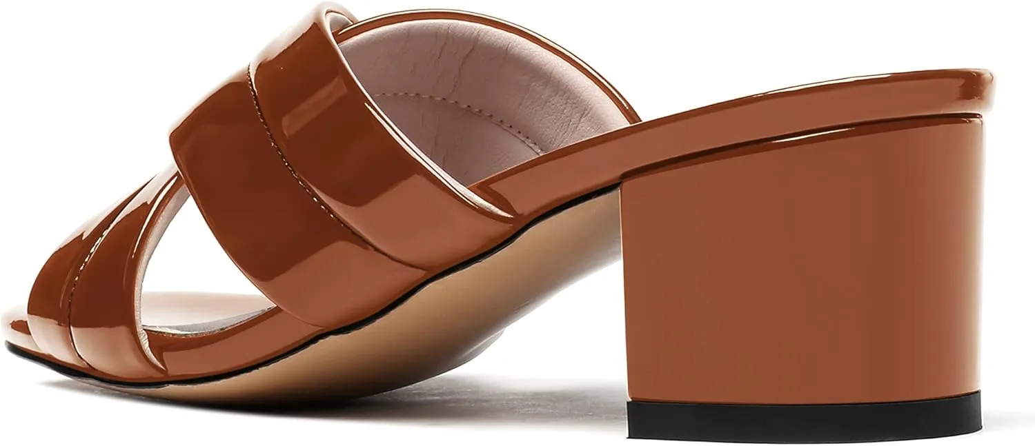 WAYDERNS Women's Summer Patent Leather Slip On Open Toe Chunky Block Low Heel Slides Sandals 2 Inch