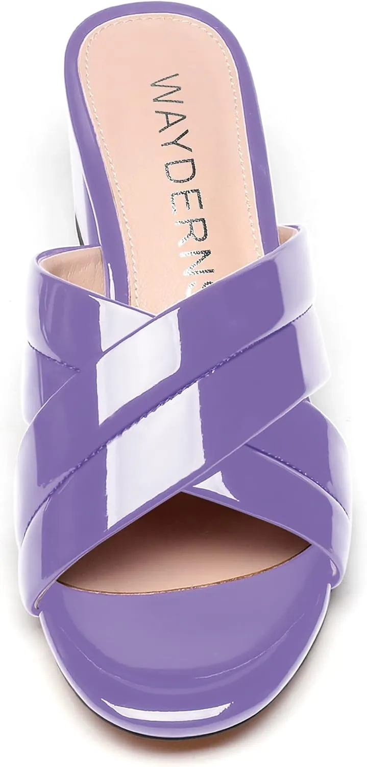 WAYDERNS Women's Summer Patent Leather Slip On Open Toe Chunky Block Low Heel Slides Sandals 2 Inch