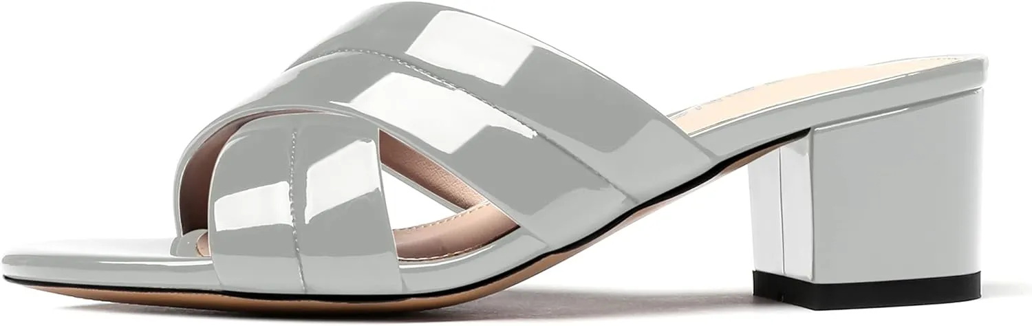 WAYDERNS Women's Summer Patent Leather Slip On Open Toe Chunky Block Low Heel Slides Sandals 2 Inch