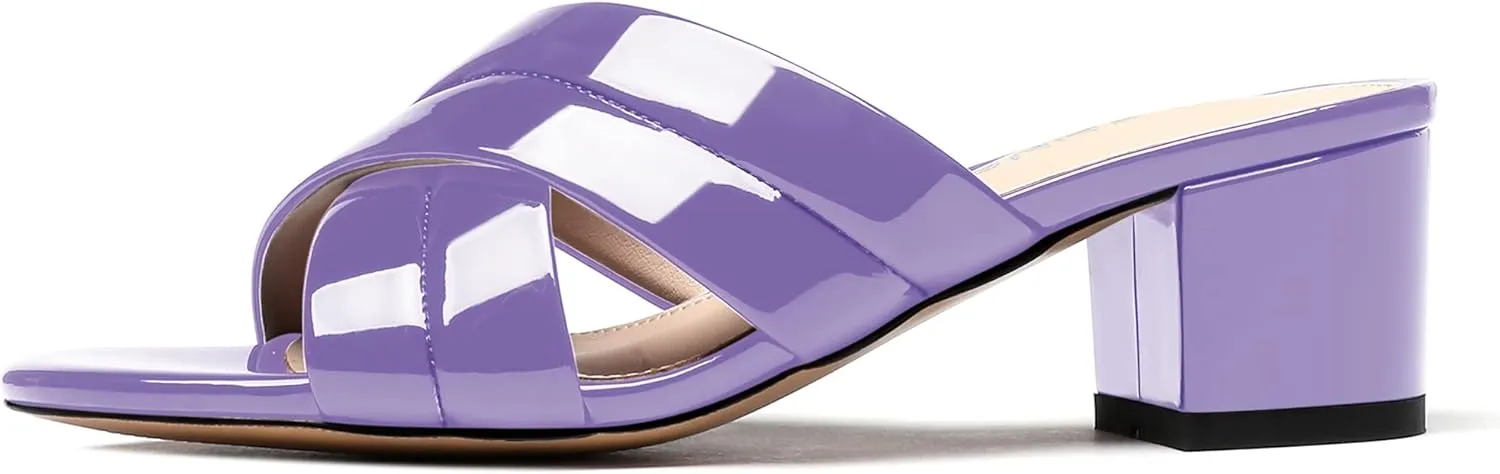 WAYDERNS Women's Summer Patent Leather Slip On Open Toe Chunky Block Low Heel Slides Sandals 2 Inch