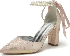 Wedding Shoes for Bride Closed Toe Block Heel Womens High Heels Pointed Toe Pumps Bridal Shoes Bowknot Strap Pearl Sandals Floral Satin Evening,Pink,5