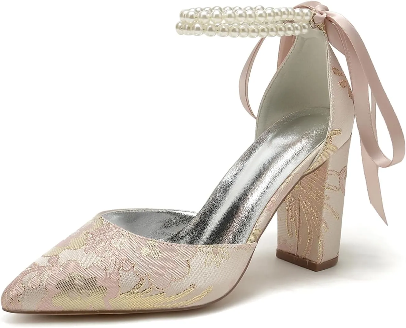 Wedding Shoes for Bride Closed Toe Block Heel Womens High Heels Pointed Toe Pumps Bridal Shoes Bowknot Strap Pearl Sandals Floral Satin Evening,Pink,5