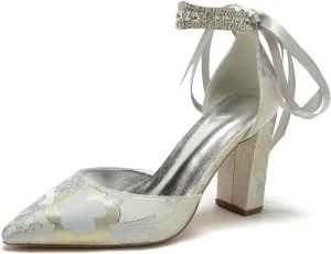 Wedding Shoes for Bride Closed Toe Block Heel Womens High Heels Pointed Toe Pumps Bridal Shoes Bowknot Strap Pearl Sandals Floral Satin Evening,Silver,11