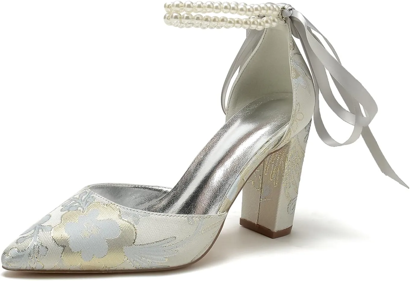 Wedding Shoes for Bride Closed Toe Block Heel Womens High Heels Pointed Toe Pumps Bridal Shoes Bowknot Strap Pearl Sandals Floral Satin Evening,Silver,8