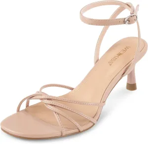 wetkiss Womens Sandals Round Open Toe Kitten Heels Adjustable Ankle Strap Low Heels Heeled Sandals for Women Summer Dress Shoes