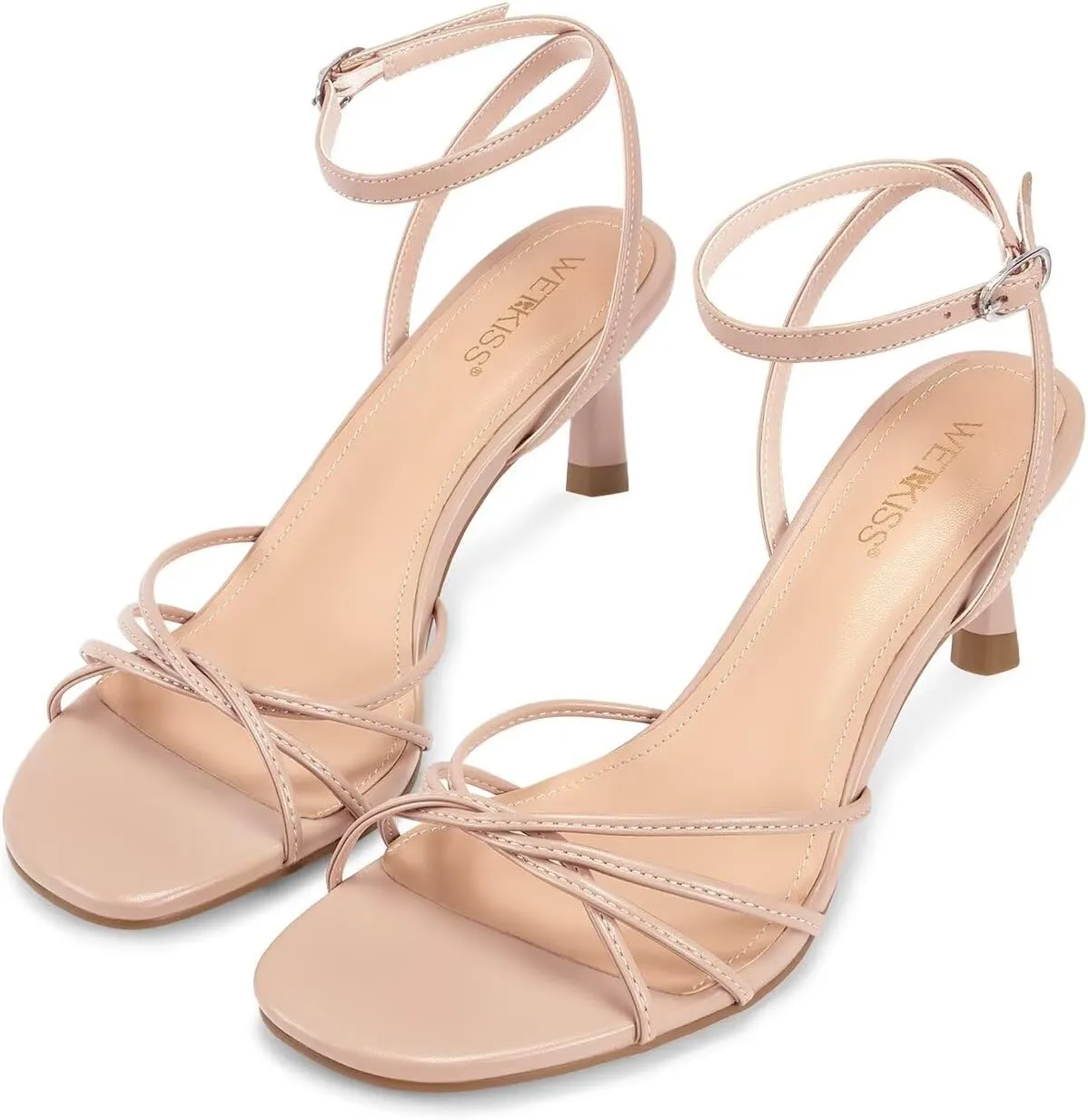 wetkiss Womens Sandals Round Open Toe Kitten Heels Adjustable Ankle Strap Low Heels Heeled Sandals for Women Summer Dress Shoes