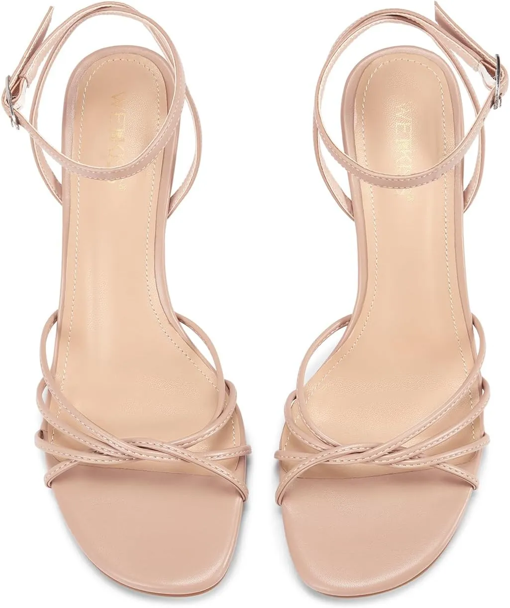 wetkiss Womens Sandals Round Open Toe Kitten Heels Adjustable Ankle Strap Low Heels Heeled Sandals for Women Summer Dress Shoes