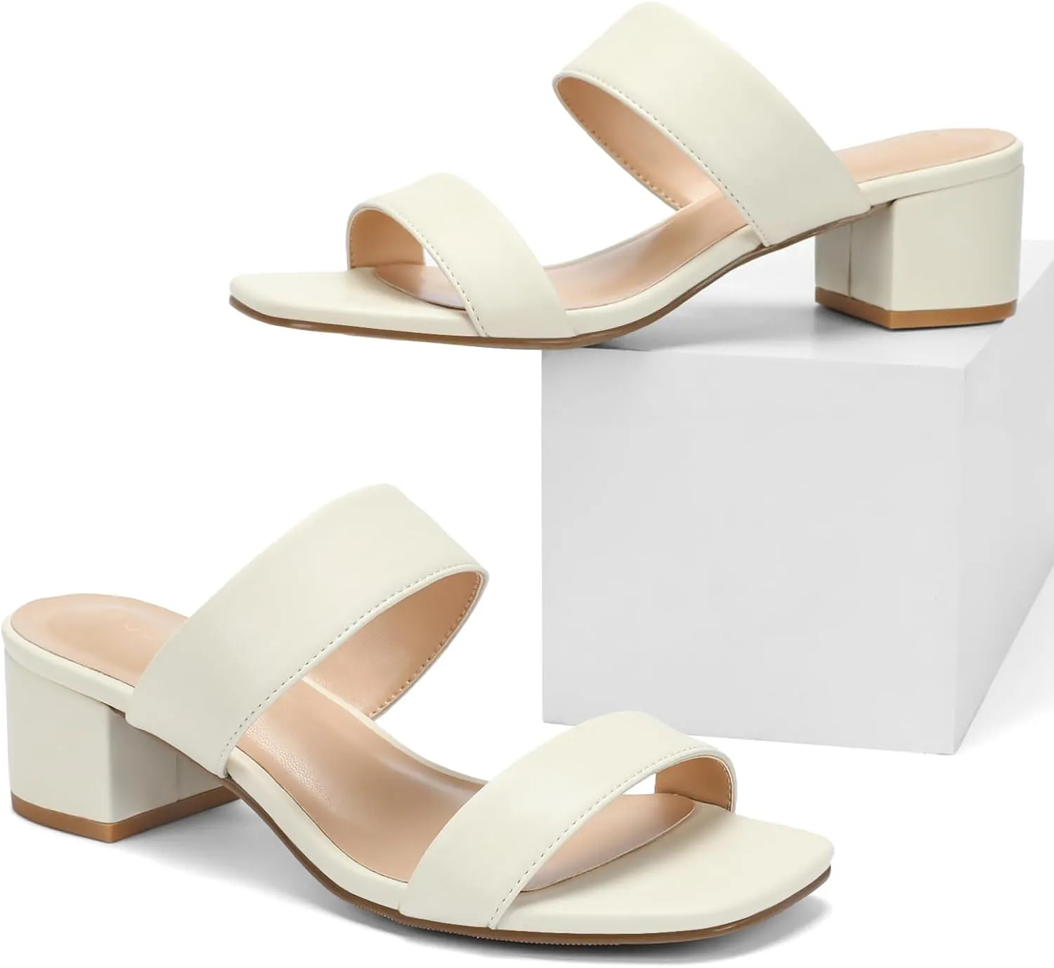 Wide Width Women's Heeled Sandals Two Strap Square Open Toe Sandals Low Heels 2-Inch Chunky Dress Shoes