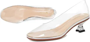 Women Clear Low Kitten Heels Pumps Shoes Round Closed Toe Slip On Transparent Sandals Open Peep Toe Chunky Block PVC Heels Crystal Pumps Office Wedding Party Dressy Summer Chic 4-11 M US
