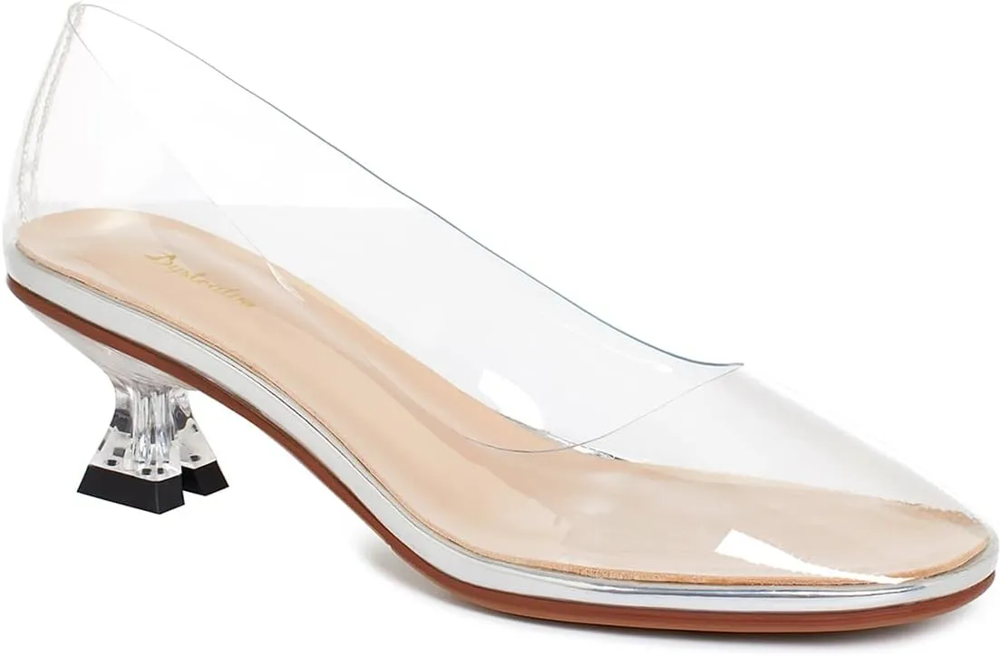 Women Clear Low Kitten Heels Pumps Shoes Round Closed Toe Slip On Transparent Sandals Open Peep Toe Chunky Block PVC Heels Crystal Pumps Office Wedding Party Dressy Summer Chic 4-11 M US